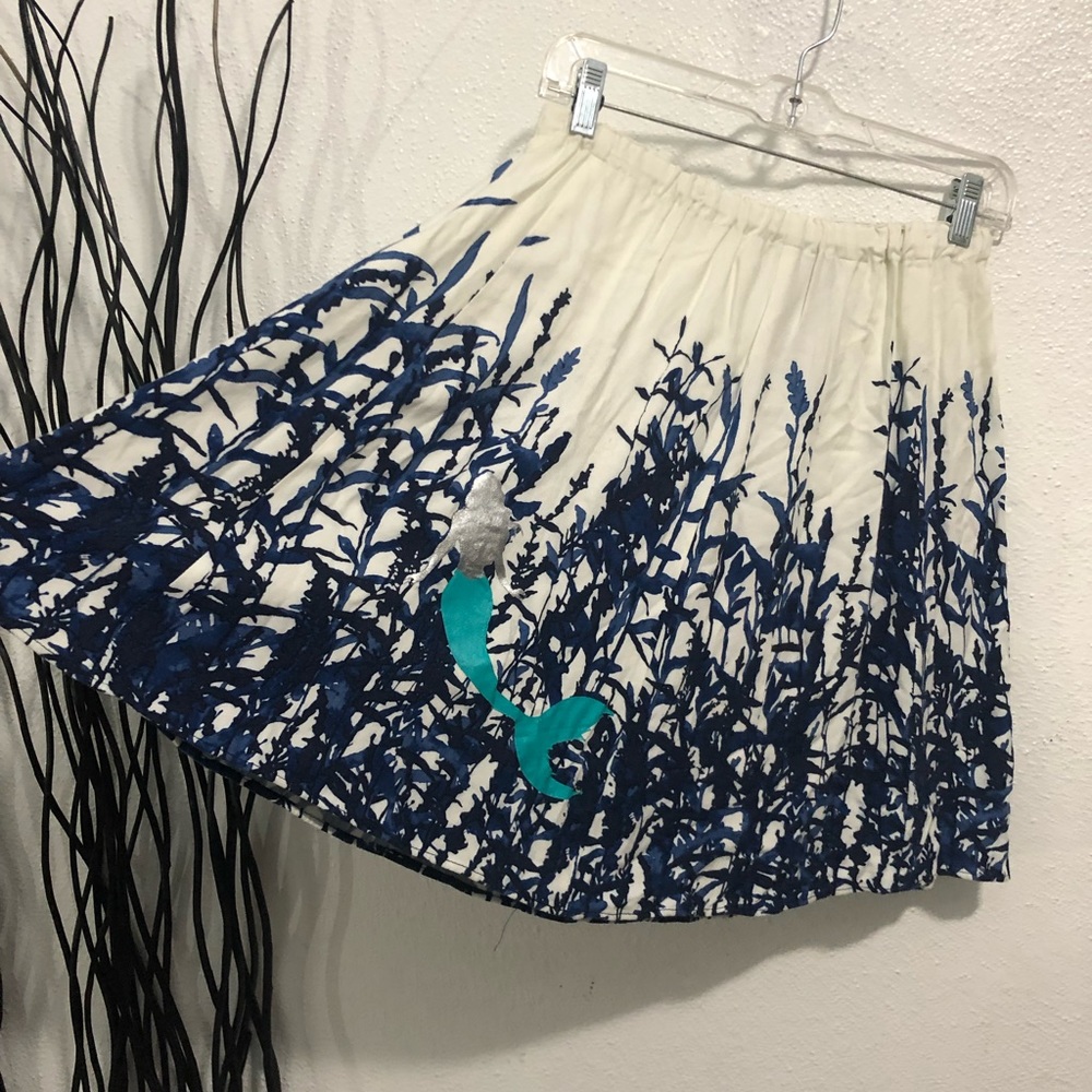 Blue & White Hand Painted Mermaid Mini Skirt OOAK